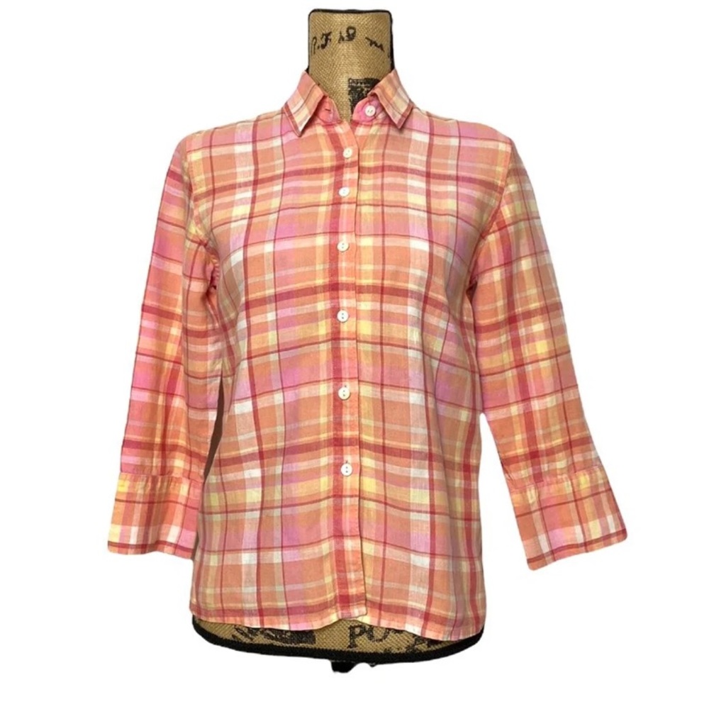 Pink Peach Plaid Linen Button-Down Shirt 6P
